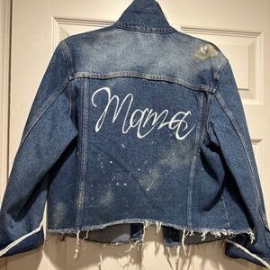 Custom Made "Mama" Denim Jacket with Distressed Trim & Rhinestones